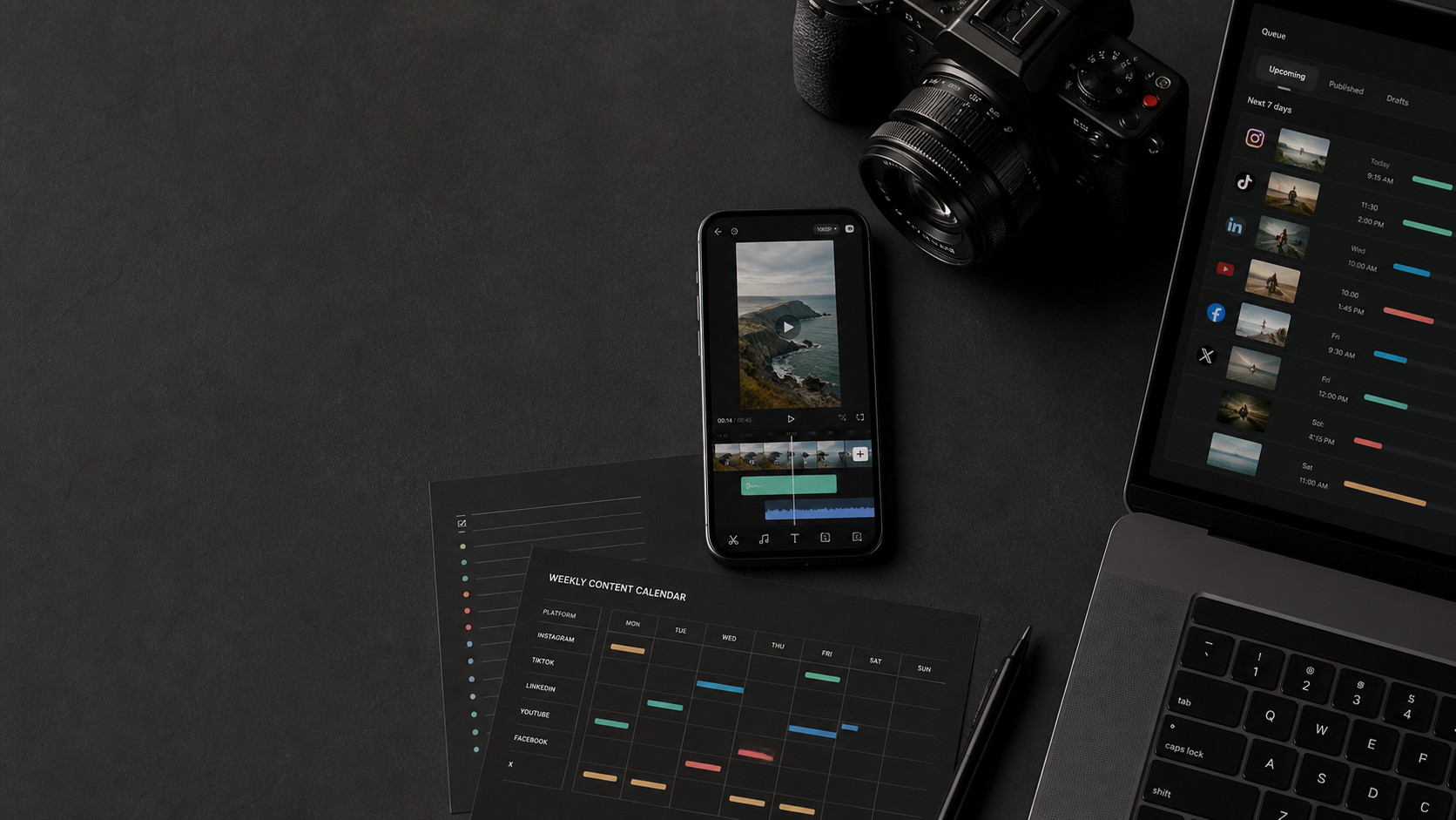 Creator workspace with a video editor, content calendar, camera, and publishing queue